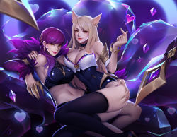 2girls ahri_(league_of_legends) animal_ears armlet ass ass_grab bare_shoulders black_choker black_legwear black_leotard blonde_hair bracelet breasts brown_eyes bustier choker claw_(weapon) cleavage covered_navel deep_skin detached_sleeves evelynn_(league_of_legends) facial_mark fox_ears fox_girl fox_tail gem heart heart_choker highres idol jewelry jz k/da_(league_of_legends) k/da_ahri k/da_evelynn large_breasts league_of_legends leotard lips lipstick long_hair looking_at_viewer lying makeup midriff multiple_girls nail_polish navel necklace on_back parted_lips purple_hair purple_lips purple_nails red_lips smile smirk spikes strapless strapless_leotard swept_bangs tail thighhighs tube_top weapon whisker_markings yellow_eyes yellow_nails yuri rating:Sensitive score:65 user:danbooru