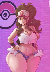  1girl ass bare_shoulders blue_eyes breasts brown_hair carmessi cleavage covered_erect_nipples creatures_(company) crop_top crop_top_overhang curvy denim denim_shorts female_focus game_freak grin hat hilda_(pokemon) huge_ass large_breasts logo long_hair looking_at_viewer midriff navel nintendo no_bra pokemon ponytail shiny_skin short_shorts shorts smile solo standing thick_thighs thighs undersized_clothes wall wide_hips  rating:Questionable score:107 user:Anon_Perv