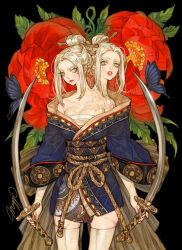  2girls arms_at_sides bare_shoulders black_background blue_butterfly blue_kimono breasts bug butterfly chest_sarashi closed_mouth commentary conjoined cowboy_shot english_commentary flower hair_bun hair_ornament hair_stick highres holding holding_sword holding_weapon insect japanese_clothes kimono long_sleeves looking_at_viewer maggi medium_breasts mole mole_under_eye multiple_girls multiple_heads obi off_shoulder original parted_bangs parted_lips red_flower red_lips rope sarashi sash scar scar_on_breasts scar_on_chest scar_on_leg scar_on_neck scar_on_shoulder short_kimono siblings signature single_hair_bun sisters slit_pupils sword thighhighs twins updo veins weapon white_thighhighs wide_sleeves 