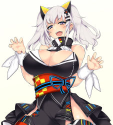 1girl :d aoguu bare_shoulders black_dress blue_eyes blush breasts claw_pose cleavage cleavage_cutout clothing_cutout contrapposto cowboy_shot crossed_bangs dress eyebrows eyelashes hair_between_eyes hair_ornament hairclip kaguya_luna large_breasts long_hair looking_at_viewer multicolored_eyes obi open_mouth palms pink_eyes red_thighhighs ribbon sash shiny_skin short_dress sidelocks silver_hair simple_background sleeveless sleeveless_dress smile solo standing striped_ribbon the_moon_studio thighhighs tsurime turtleneck twintails vertical_stripes virtual_youtuber white_ribbon wrist_ribbon wristband x_hair_ornament zettai_ryouiki