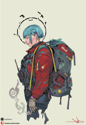  1girl abosargsyan absurdres backpack bag blue_hair chest_rig cigarette crown earrings frown ghost_recon gloves gun gun_sling h&amp;k_mp5 halo highres holding holding_cigarette jacket jewelry looking_to_the_side magazine_(weapon) medic pink_eyes pouch red_jacket scissors short_hair smiley_face smoking solo submachine_gun walkie-talkie watch weapon 