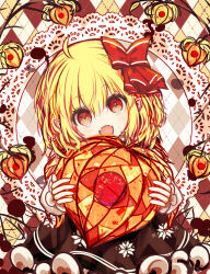  1girl absurdres black_skirt blonde_hair bow chinese_lantern_(plant) commentary_request fangs food fruit hair_bow highres holding holding_food holding_fruit leaf long_sleeves looking_at_viewer open_mouth red_bow red_eyes ro.ro rumia skin_fangs skirt smile solo touhou 