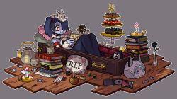  1girl apple bare_shoulders blue_hair blue_skin book cake cakes candle candy cd cd_case cd_player coffin colored_skin cup cupcake detached_collar detached_sleeves eating emlan faux_figurine flower food fruit george_the_bomb grey_background hair_over_one_eye leviathan_(skullgirls) long_skirt pillow product_placement radio reading reclining red_eyes robo-fortune rose side_ponytail simple_background skirt skull skullgirls squigly_(skullgirls) stitched_mouth stitches striped striped_sleeves stuffed_toy teacup teapot wooden_floor worm zombie  rating:Sensitive score:16 user:danbooru