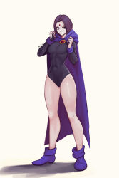 1girl absurdres annoyed black_leotard breasts cape closed_mouth colored_skin commentary covered_navel dc_comics english_commentary forehead_jewel full_body grey_skin highres legs leotard looking_at_viewer medium_breasts purple_eyes purple_hair raichiyo33 raven_(dc) short_hair solo standing superhero_costume teen_titans white_background rating:Sensitive score:47 user:danbooru