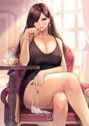 1girl black_dress black_hair blush breasts chair cleavage crossed_legs cup curtains dress earrings highres jewelry large_breasts lips long_hair looking_at_viewer mask mouth_mask original parted_lips red_eyes saucer sitting smile solo surgical_mask table takoneru teacup thighs window rating:Sensitive score:156 user:danbooru