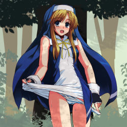 1girl arc_system_works blonde_hair blue_eyes blush breasts bridget_(guilty_gear) cameltoe female_focus fingerless_gloves gender_request genderswap gloves guilty_gear habit highres long_hair nun open_mouth outdoors panties solo striped_clothes striped_panties sweat underwear undressing rating:Questionable score:47 user:BlueBaroness