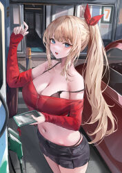  1girl absurdres bare_shoulders black_bra black_skirt blonde_hair blue_eyes blush bollard bra bra_visible_through_clothes breasts car cellphone cleavage commentary convenience_store crop_top english_commentary gas_pump gas_station hair_ornament highres holding holding_phone jacket large_breasts lillly lillly_(character) long_hair long_sleeves looking_at_viewer midriff motor_vehicle navel off-shoulder_shirt off_shoulder open_mouth original phone ponytail red_jacket shirt shop skirt sleeves_past_wrists smartphone solo standing stomach strap_slip underwear zipper zipper_pull_tab 