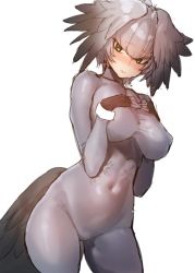 10s 1girl 3: bad_id bad_twitter_id black_gloves blunt_bangs blush bodysuit breast_suppress covered_erect_nipples covered_navel cowboy_shot fingerless_gloves gloves green_eyes hands_on_own_chest head_wings highres impossible_bodysuit impossible_clothes kemono_friends mx2j shoebill_(kemono_friends) short_hair simple_background sketch skin_tight solo tail taut_bodysuit taut_clothes wings rating:Questionable score:32 user:danbooru