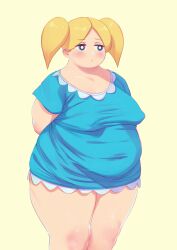  1girl absurdres alternate_body_size arms_behind_back blonde_hair blue_dress blue_eyes blush breasts bubbles_(ppg) cloudxmoe covered_erect_nipples covered_navel cowboy_shot dress fat highres long_hair medium_breasts parted_lips powerpuff_girls sagging_breasts short_sleeves simple_background solo taut_clothes taut_dress thick_arms thick_thighs thighs twintails yellow_background 