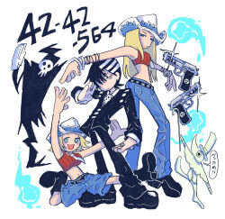  +_+ 2girls 3boys :/ absurdres arm_up black_footwear black_hair black_jacket black_pants black_suit blazer blonde_hair blue_eyes blue_pants blue_shorts blush_stickers boots bracelet breasts commentary_request contrapposto cowboy_hat crop_top death_the_kid denim denim_shorts elizabeth_thompson excalibur_(soul_eater) formal glaring glint gun hair_over_one_eye hand_up handgun hat highres hitodama jacket jeans jewelry large_breasts lion_wa_neteiru long_hair looking_at_viewer midriff multicolored_hair multiple_boys multiple_bracelets multiple_girls multiple_rings navel number_pun open_mouth outstretched_arm outstretched_arms outstretched_leg pants patricia_thompson red_sweater ribbed_sweater ring shinigami-sama shorts siblings sisters sleeveless sleeveless_sweater smile soul_eater spread_arms standing streaked_hair suit sweater translation_request twisted_torso v-shaped_eyebrows weapon white_background white_hair 