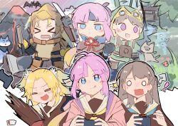  !? &gt;_&lt; 3girls :d :q =_= absurdres anyoji_hime aqua_neckerchief armor bat_(animal) battery_indicator black_gloves black_headband blonde_hair blue_eyes blue_hair brown_hair closed_eyes closed_mouth commentary controller deformed forest fujishima_megumi game_controller gloves gradient_hair green_tunic hasu_no_sora_school_uniform headband highres holding holding_controller holding_game_controller holding_knife japanese_armor jitome knife light_blue_hair link!_like!_love_live! long_hair love_live! mira-cra_park! multicolored_hair multiple_girls nature neckerchief nimingduz o_o open_mouth osawa_rurino outline parted_bangs pink_hair playing_games purple_hair rectangular_mouth red_neckerchief sailor_collar school_uniform single_tear smear_frame smile star_(symbol) surprised symbol-only_commentary throwing tongue tongue_out virtual_youtuber volcano white_outline white_sailor_collar yellow_neckerchief 