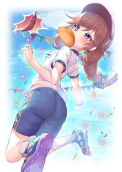  1girl absurdres ass baseball_cap bead_bracelet beads blue_footwear blue_shorts blue_sky blush border bracelet braid bread_bun breasts brown_hair chili_pepper commentary_request gym_shirt gym_shorts gym_uniform hat hazakura_shoha highres jewelry jumping light_particles long_hair midriff_peek mouth_hold official_alternate_costume outside_border princess_connect! purple_eyes purple_footwear shirt shorts sidelocks sky small_breasts socks solo spicy spoken_food star_(symbol) string_of_flags tearing_up twin_braids vignetting white_border white_hat white_shirt white_socks yuni_(princess_connect!) yuni_(school_festival)_(princess_connect!) 