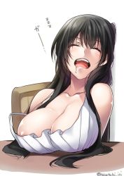 1girl areola_slip bare_arms bare_shoulders black_hair breast_rest breasts camisole carried_breast_rest carrying chair cleavage closed_eyes collarbone commentary_request desk drooling large_breasts leaning_to_the_side long_hair no_bra open_mouth original sitting sleeping solo spaghetti_strap strap_slip strapless takatsuki_ichi teeth tongue twitter_username upper_teeth_only zzz rating:Questionable score:44 user:danbooru