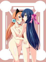  2girls agent_aika aika_(series) alisa_southerncross animal_ears ass backboob bare_arms bare_legs bare_shoulders blue_hair blush bow breasts brown_eyes butt_crack cat_ears cleavage cropped_legs crossover crotch delmo eyebrows fake_animal_ears female_focus from_behind gluteal_fold golden_delmo hair_bobbles hair_bow hair_ornament hair_ribbon hairband hand_on_own_hip keroro_gunsou loli long_hair looking_at_viewer looking_back low_twintails medium_breasts multiple_girls nude open_mouth orange_hair pink_eyes ribbon rie_petoriyacowa seitendou smile standing thighs twintails 
