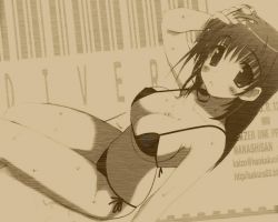 1girl arm_up bikini blush breasts chair cleavage collarbone covered_erect_nipples female_focus from_above hand_on_own_head hand_up large_breasts long_hair looking_at_viewer looking_to_the_side looking_up mitsumi_misato monochrome parted_bangs side-tie_bikini_bottom sitting solo swimsuit teeth water wet rating:Sensitive score:3 user:danbooru