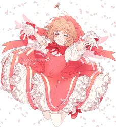  1girl blush bow bowtie brown_hair cardcaptor_sakura closed_eyes dress facing_viewer frilled_dress frills full_body gloves highres jumping key kinomoto_sakura magical_girl open_mouth outstretched_arms petals red_bow red_bowtie red_dress rii2a77ru short_hair smile solo spread_arms thighhighs white_gloves white_thighhighs 
