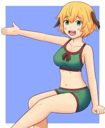  blonde_hair blush blush_stickers bow breasts fate/grand_order fate_(series) gareth_(fate) green_eyes green_swim_trunks highres large_breasts leud shorts sitting swimsuit  rating:General score:2 user:Furegen