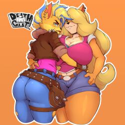  2021 2girls absurdres animal_ear_fluff animal_ears animal_nose aqua_eyes artist_logo ass asymmetrical_docking belt belt_pouch blonde_hair blue_bra blue_hair bra breast_press breasts brown_jacket cleavage collarbone commentary comparison cowboy_shot crash_bandicoot_(series) crash_bandicoot_4:_it&#039;s_about_time cropped_jacket denim english_commentary eyeshadow fingerless_gloves from_behind furry furry_female gloves hair_over_one_eye hand_on_another&#039;s_waist hands_on_another&#039;s_hips highres hug huge_ass jacket jeans large_breasts long_ears long_hair looking_at_viewer makeup midriff mohawk mole mole_under_eye mrdeathcat multicolored_hair multiple_girls navel orange_background padded_gloves pants parted_lips pouch purple_shirt shirt short_hair short_shorts short_sleeves shorts simple_background size_difference smile standing tawna_bandicoot tawna_bandicoot_(it&#039;s_about_time) teeth thick_thighs thigh_strap thighs torn_clothes torn_pants two-tone_hair underwear very_long_hair wide_hips 