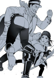  10s 1girl 2boys ainu_clothes artist_request asirpa ass bow_(weapon) golden_kamuy hat monochrome multiple_boys peaked_cap running scar scarf simple_background sugimoto_saichi white_background yoshitake_shiraishi  rating:Sensitive score:1 user:Volphied