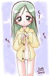 1girl blush bottomless cleft_of_venus green_eyes green_hair ikkyuu loli matching_hair/eyes no_panties pajamas pussy simple_background solo source_request thigh_gap unbuttoned rating:Explicit score:12 user:Tom23