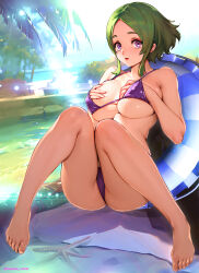  1girl bare_arms bare_legs bare_shoulders barefoot bikini blurry blurry_background breasts commentary_request day feet green_hair gundam gundam_suisei_no_majo hand_under_clothes hand_under_swimsuit highres knees_up large_breasts looking_at_viewer maisie_may outdoors oyaman palm_tree parted_bangs parted_lips poolside purple_bikini purple_eyes short_hair sitting solo sunlight swimsuit toes tree twitter_username  rating:Sensitive score:50 user:danbooru