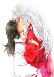  1boy 1girl animal_ears black_hair blush couple dated dog_ears closed_eyes from_side gem hetero highres higurashi_kagome inuyasha inuyasha_(character) japanese_clothes jewelry kiss long_hair miko muriko necklace open_mouth pearl_(gemstone) signature silver_hair white_background 