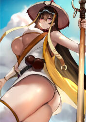  1girl absurdres ass bead_necklace beads bikini breasts brown_hair commentary_request detached_sleeves fate/grand_order fate_(series) hair_between_eyes highres holding holding_staff ichimegasa japanese_clothes jewelry jikihatiman kimono large_breasts long_hair looking_at_viewer necklace prayer_beads red_eyes revision short_kimono sleeveless smile solo staff swimsuit thighhighs thighs underboob vest white_bikini white_kimono white_thighhighs xuangzang_sanzang_(fate) yellow_vest  rating:Sensitive score:7 user:danbooru