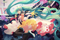 1girl aqua_eyes aqua_hair ass atdan bad_id bad_pixiv_id boots elbow_gloves floating_hair gloves gradient_background hatsune_miku headset high_heel_boots high_heels leotard long_hair necktie outstretched_arm shoe_soles smile solo thigh_boots thighhighs twintails very_long_hair vocaloid rating:Sensitive score:15 user:danbooru