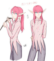  1boy :q absurdres androgynous aqua_eyes arms_behind_back commentary dot_mouth drill_(emilio) elf grey_pants hair_between_eyes hair_intakes highres licking_lips long_hair long_pointy_ears long_sleeves looking_at_viewer mars_symbol multiple_views original pants pink_hair pink_shirt pointy_ears ponytail saucer shirt simple_background tongue tongue_out trap white_background 