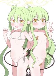  2girls absurdres bandaid bandaid_on_pussy bandaids_on_nipples bikini blackness_(blackness661) blue_archive blush breasts closed_mouth commentary_request completely_nude demon_tail fang green_hair green_halo halo halterneck hand_on_own_hip highres hikari_(blue_archive) loli long_hair looking_at_viewer micro_bikini multiple_girls navel nozomi_(blue_archive) nude open_mouth pasties pointy_ears siblings sidelocks simple_background sisters skin_fang small_breasts smile stomach swimsuit tail twins twintails v very_long_hair white_background white_bikini yellow_eyes 