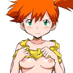 1girl blush breasts clothes_lift creatures_(company) frown game_freak gomatarou_(pixiv196136) jaggy_lines lowres misty_(pokemon) nintendo nipples no_bra oekaki pokemon pokemon_(anime) pokemon_(classic_anime) shirt_lift simple_background solo split_mouth white_background rating:Questionable score:154 user:Perv-Ultra