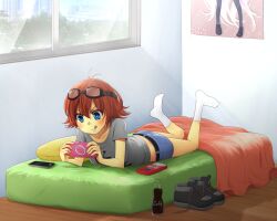  1girl blanket blue_eyes blush brown_hair cellphone commentary denim denim_shorts flipped_hair food goggles goggles_on_head handheld_game_console holding holding_handheld_game_console indoors lying mattress medium_hair on_stomach original phone pocky poster_(object) purdoy25 shirt shoes short_shorts short_sleeves shorts smartphone smile socks solo t-shirt tongue tongue_out unworn_shoes v-shaped_eyebrows window 