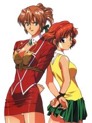  1990s_(style) 2girls agent_aika aida_rion aika_(series) arms_behind_back back-to-back blue_eyes bound bound_arms bound_wrists breasts brown_hair cleavage cowboy_shot green_skirt hairband half_updo light_smile lipstick looking_at_viewer makeup miniskirt multiple_girls non-web_source official_art panties pantyshot pencil_skirt pleated_skirt red_eyes red_hair red_skirt retro_artstyle shibari shirt short_hair simple_background skirt sleeveless sleeveless_shirt smile standing sumeragi_aika underwear white_background white_panties yamauchi_noriyasu 