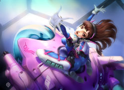  1girl absurdres acronym animal_print arm_cannon armor arms_up ass bad_anatomy blue_bodysuit bodysuit boots bracer breasts brown_eyes brown_hair character_name cockpit d.va_(overwatch) facepaint facial_mark from_above from_behind full_body gatling_gun gloves gun headphones high_collar highres long_hair long_sleeves looking_at_viewer looking_back mecha medium_breasts meka_(overwatch) open_mouth outstretched_arms overwatch overwatch_1 pauldrons pilot_suit ribbed_bodysuit robot shen_shen shoulder_armor shoulder_pads sitting sitting_on_object skin_tight smile solo swept_bangs teeth thigh_boots thigh_gap thigh_strap thighhighs turtleneck weapon whisker_markings white_footwear white_gloves wind  rating:Sensitive score:12 user:danbooru