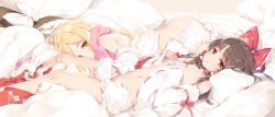 2girls arm_ribbon ass bare_shoulders black_hair black_headwear blonde_hair bloomers bloomers_pull blush bow breasts brown_eyes collarbone commentary_request detached_sleeves feet_out_of_frame floral_print frilled_bow frills gloves hair_bow hair_tubes hakurei_reimu hands_on_own_chest hat hat_bow unworn_hat unworn_headwear hidden_star_in_four_seasons highres ke-ta kirisame_marisa loli long_sleeves looking_at_viewer lying multiple_girls navel nipples off_shoulder on_back on_stomach parted_lips pillow pink_gloves pink_scarf red_bow red_ribbon red_skirt ribbon ribbon-trimmed_sleeves ribbon_trim scarf shirt sidelocks single_glove skirt unworn_skirt small_breasts smile snowflake_print stomach thighs topless touhou underwear white_bloomers white_bow white_shirt wide_sleeves witch_hat yuri rating:Questionable score:118 user:danbooru