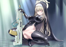  1girl ass assault_rifle black_leotard black_thighhighs blue_archive bosshi breasts bullpup closed_eyes closed_mouth coif covered_erect_nipples crossed_bangs full_body gun hair_between_eyes halo high_heels highleg highleg_leotard highres holding holding_gun holding_weapon iwi_tavor large_breasts leotard long_hair nun rifle sakurako_(blue_archive) smile solo spread_legs squatting thighhighs tile_floor tiles tiptoes weapon yellow_halo 