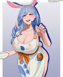  1girl animal_ear_fluff animal_ears apron armpits artist_name ass blue_hair blush border bow braid braided_ponytail breasts carrot cleavage cowboy_shot cuddlephish0 curvy female_focus food food_on_body food_on_face gradient_background hair_between_eyes hair_bow hair_over_shoulder highres holding holding_plate hololive huge_breasts jpeg_artifacts lips long_hair looking_down mature_female multicolored_hair naked_apron naughty_face open_mouth outside_border pekomama plate rabbit_ears rabbit_girl rabbit_tail red_eyes see-through shadow short_eyebrows sideboob solo tareme thick_eyebrows thighs two-tone_hair virtual_youtuber white_apron white_border white_bow white_hair wide_hips 