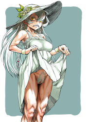  +_+ 1girl braid breasts clothes_lift commentary_request cowboy_shot dress dress_lift excessive_pubic_hair female_pubic_hair flower hair_between_eyes hat hat_flower highres knees lifting_own_clothes long_dress long_hair looking_at_viewer mandator_(ziga) medium_breasts muscular muscular_female no_panties pubic_hair pussy radiohead_(radio_paranoia) sharp_teeth side_braids standing sun_hat sundress sweat symbol-shaped_pupils teeth thighs twin_braids uncensored white_dress white_hair white_pubic_hair wristband yellow_eyes ziga  rating:Explicit score:87 user:danbooru