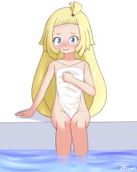  1girl blonde_hair blue_eyes blush female_focus highres loli looking_at_viewer memenpu nude sakugan simple_background solo tagme towel_over_breasts  rating:Explicit score:10 user:Lolicon97