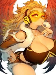  1girl blonde_hair boku_no_hero_academia breasts cleavage covered_erect_nipples fumio_(rsqkr) genderswap genderswap_(mtf) hawks_(boku_no_hero_academia) highres huge_breasts large_breasts looking_at_viewer no_bra solo wings  rating:Questionable score:23 user:RedFredHunter