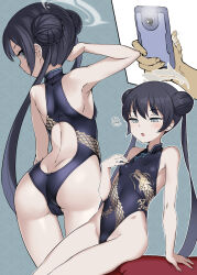  1girl armpits ass back back_cutout bare_arms bare_shoulders black_hair black_leotard blue_archive blush bosshi braid braided_bun breasts butt_crack cellphone closed_mouth clothing_cutout covered_navel double_bun dragon_print from_behind grey_eyes hair_between_eyes hair_bun halo highleg highleg_leotard highres kisaki_(blue_archive) leotard long_hair looking_at_viewer looking_back multiple_views open_mouth phone simple_background sitting small_breasts thighs twintails  rating:Sensitive score:132 user:danbooru