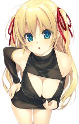  1girl absurdres bare_shoulders black_dress blonde_hair blue_eyes breasts cleavage cleavage_cutout clothing_cutout detached_sleeves downblouse dress eyes_visible_through_hair hair_between_eyes hair_ribbon hand_on_own_hip highres kinoshita_ichi large_breasts leaning_forward long_hair looking_at_viewer non-web_source original parted_lips ribbon short_dress simple_background sleeveless sleeveless_turtleneck turtleneck two_side_up white_background zipper  rating:Sensitive score:30 user:danbooru