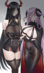  2girls absurdres arm_under_breasts azur_lane bare_shoulders black-framed_eyewear black_gloves black_hair black_horns black_thighhighs breasts cleavage closed_mouth covered_navel curled_horns elbow_gloves friedrich_carl_(azur_lane) friedrich_der_grosse_(azur_lane) glasses gloves hair_over_one_eye heart highres horns huge_breasts ichikushi_mojibake jewelry long_bangs long_hair long_sleeves looking_at_viewer mole mole_under_mouth multiple_girls necklace pelvic_curtain pink_eyes purple_hair red_horns revealing_clothes semi-rimless_eyewear skindentation smile thighhighs thighs very_long_hair yellow_eyes 