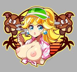  1girl absurdres arm_under_breasts blonde_hair blue_eyes breast_hold breasts breasts_out cigarette fear_and_loathing_in_las_vegas front-tie_top goomba highres large_breasts lipstick makeup mario_(series) nintendo nipples parted_lips pink_lips ponytail princess princess_peach smoking sunglasses_on_head super_mario_bros._1 totallyiryanic 