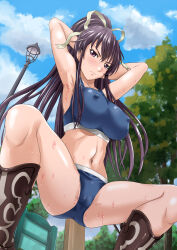  1girl absurdres armpits arms_behind_head ass black_hair blue_panties blue_sky blue_sports_bra boots breasts brown_footwear cameltoe closed_mouth cloud commentary_request commission covered_erect_nipples cowboy_boots frown hair_ribbon highres kanzaki_kaori lamppost large_breasts light_blush long_hair midriff nao_takami navel outdoors panties ponytail purple_eyes ribbon skeb_commission sky solo sports_bra squatting stomach sweat toaru_majutsu_no_index tree underwear very_long_hair 