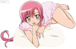  1girl absurdres barefoot blush hayate_no_gotoku! highres katsura_hinagiku legs long_hair lying mgmnzx on_side pajamas pillow pink_hair possible_duplicate self-upload smile solo thighs third-party_edit transparent_background vector_trace watermark yellow_eyes  rating:Sensitive score:12 user:mgmnzx