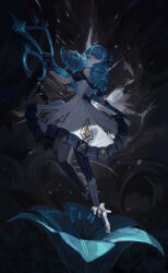 1girl absurdres bare_shoulders black_gloves blue_eyes blue_flower blue_hair bow bowtie braid checkered_clothes cotta_(heleif) dress flower gloves gwen_(league_of_legends) hair_between_eyes hair_ornament high_heels highres holding holding_scissors holding_weapon league_of_legends lolita_fashion long_hair looking_at_viewer scissors shirt solo standing twin_braids twintails weapon white_shirt rating:General score:8 user:danbooru