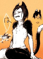  1girl :3 animal_ears arm_support body_fur cat_ears cat_girl cat_tail dungeon_meshi fangs fundoshi highres izutsumi japanese_clothes monochrome open_mouth orange_background short_hair sitting sneezing solo tail topless two-tone_fur u_emmm 