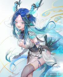  1girl abstract_background animal_ears aqua_hair armor artist_name ass asymmetrical_sleeves black_thighhighs blue_eyes blue_hair blue_tail blue_tongue breasts chinese_zodiac cleavage colored_eyelashes colored_tongue curtained_hair dated dot_nose dragon_ears dragon_girl dragon_tail floating_hair forehead gloves gradient_background gradient_hair highres horns keto_cactus leaning_forward long_hair mechanical_horns medium_breasts multicolored_hair original parted_bangs pauldrons pelvic_curtain red_eyes see-through see-through_legwear see-through_sleeves shirt shoulder_armor sidelocks sleeveless sleeveless_shirt solo tail thighhighs thighs three_quarter_view two-tone_eyes whiskers white_gloves white_hair wing_ears year_of_the_dragon 