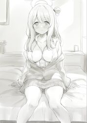 1girl arm_support blue_archive blush bow breasts cardigan cleavage collared_shirt dress_shirt feet_out_of_frame folded_ponytail greyscale hair_bow halo highres lanyard large_breasts long_hair looking_at_viewer medium_breasts minase_shuu monochrome nonomi_(blue_archive) on_bed open_cardigan open_clothes open_shirt partially_unbuttoned plant pleated_skirt potted_plant school_uniform shirt sitting skirt smile solo sweat 